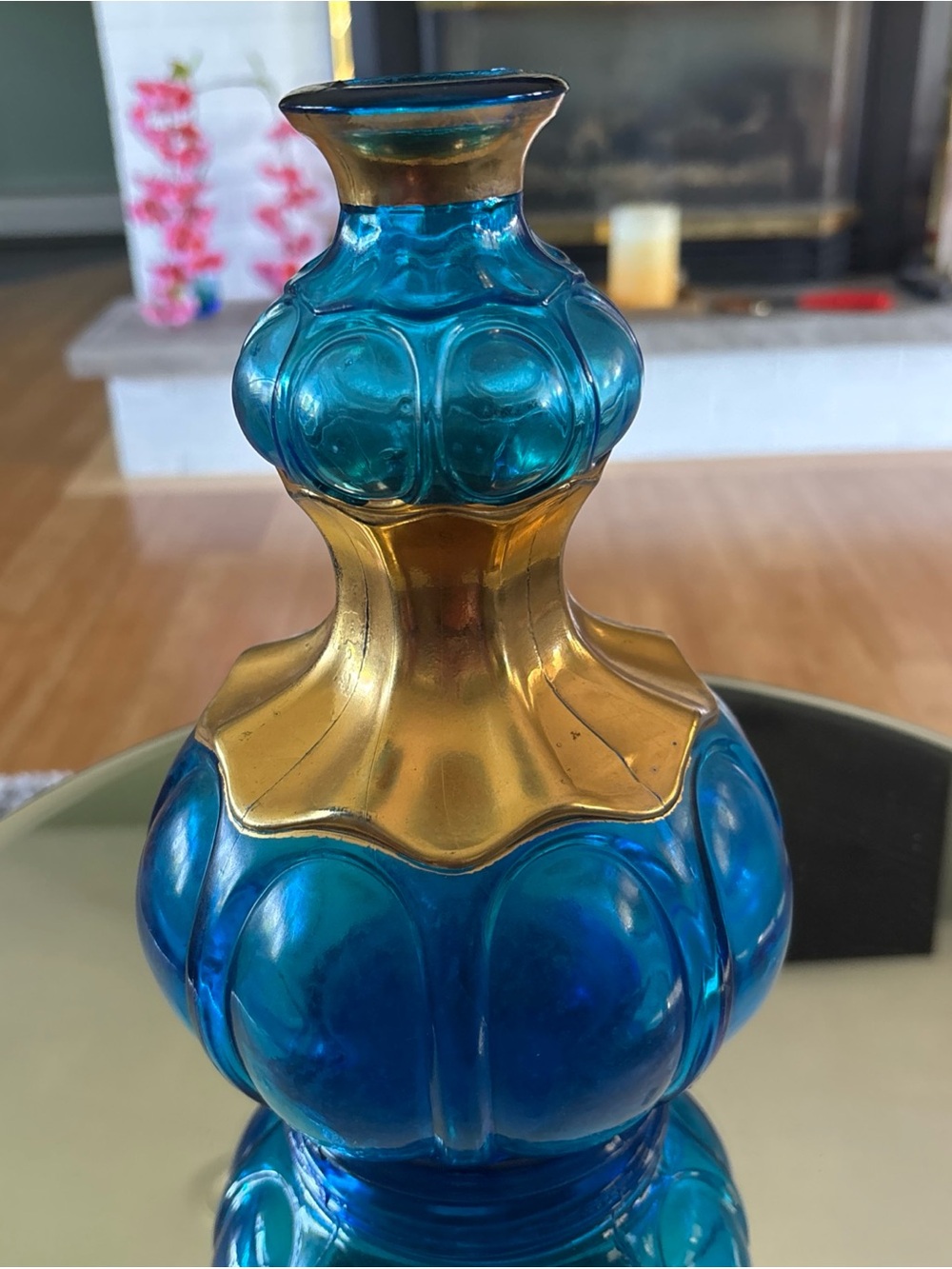 Teal Blue Glass Genie Bottle with Gold-Tone Neck- Vintage